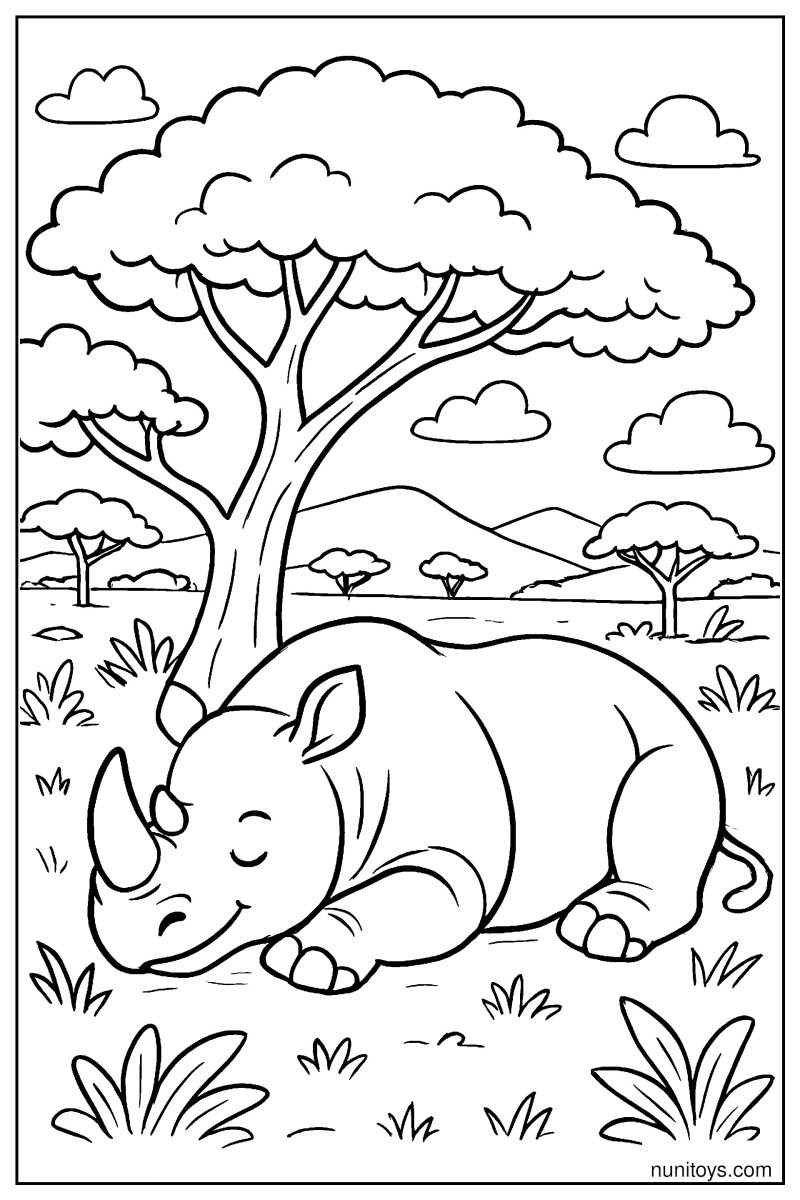 Rhino Resting in the Shade Under a Big Acacia Tree Coloring Page