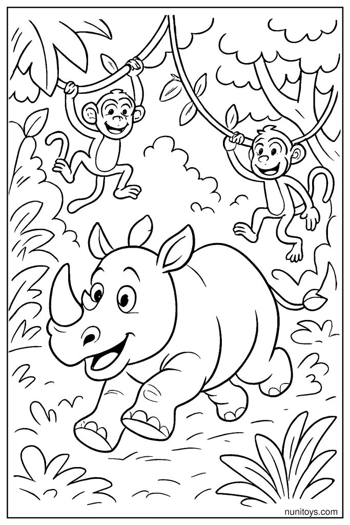 Rhino Running Through Jungle Coloring Page