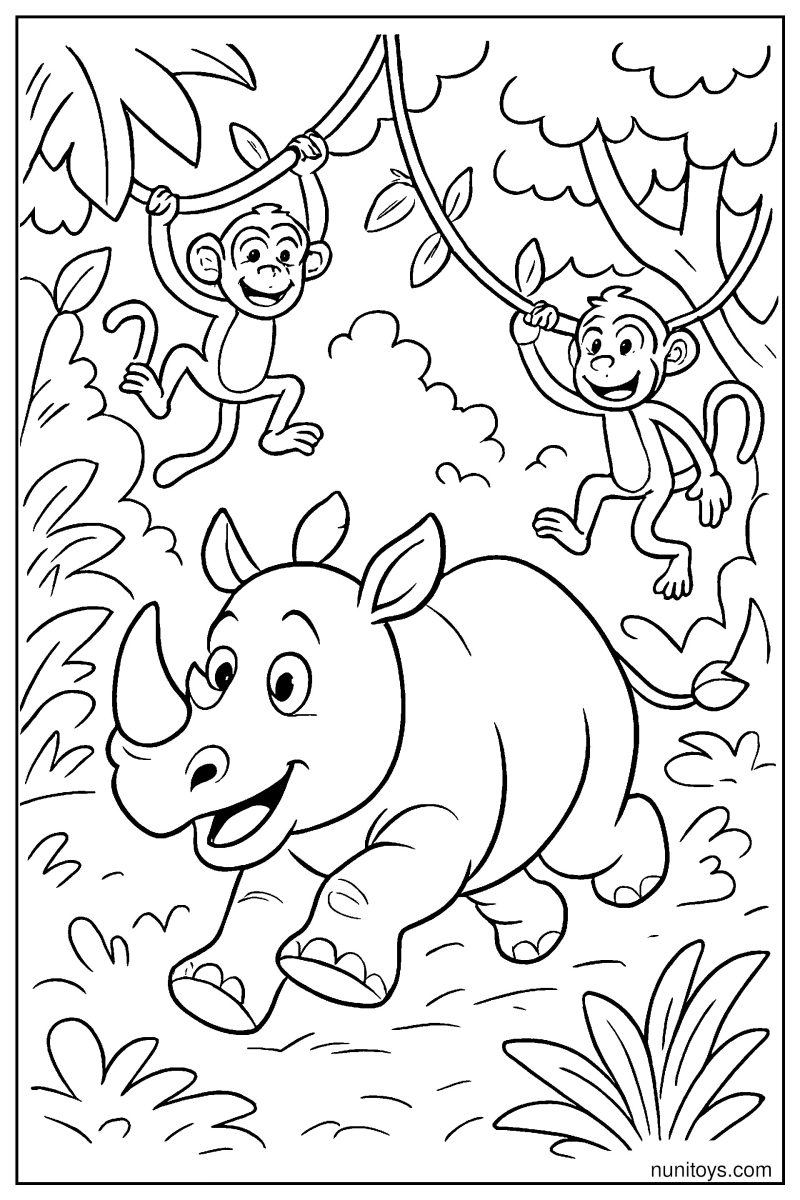 Rhino Running Through Jungle Coloring Page