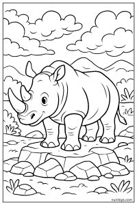 Rhino Standing on Rocky Terrain Coloring Page