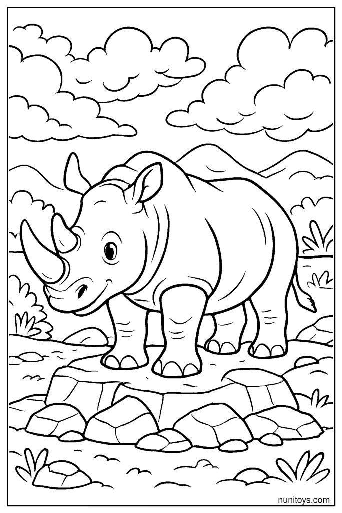 Rhino Standing on Rocky Terrain Coloring Page