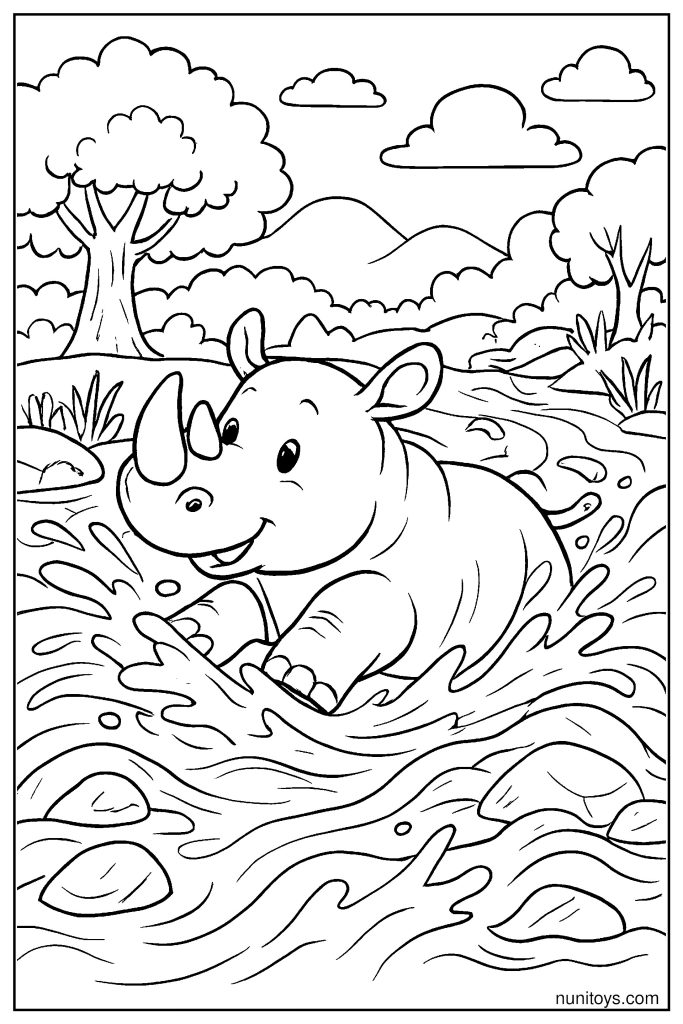 Rhino Swimming Across a River with Strong Current Coloring Page