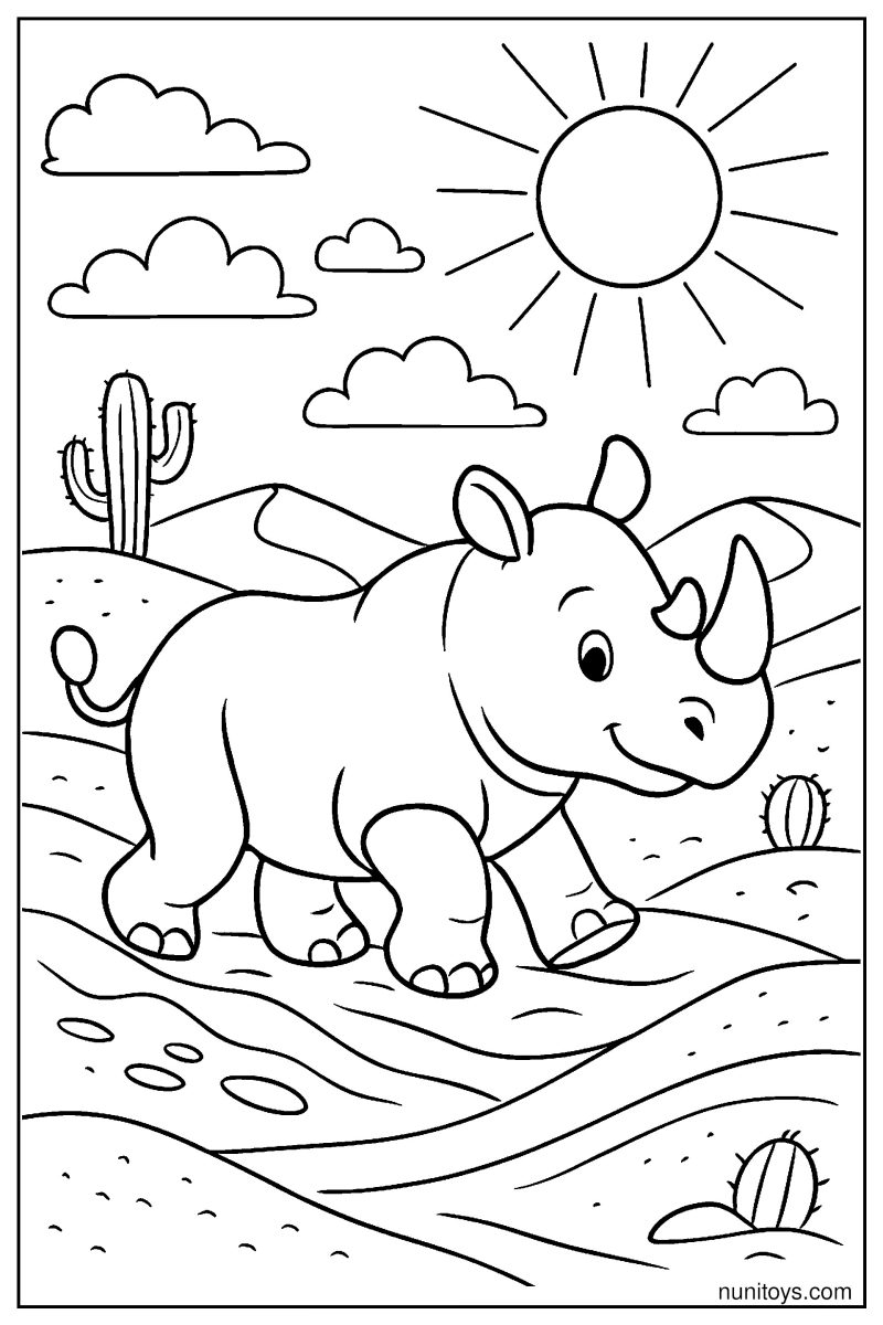 Rhino Traveling Across Desert Dunes Coloring Page