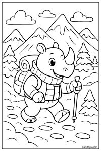 Rhino Trekking Through Snowy Mountains Coloring Page