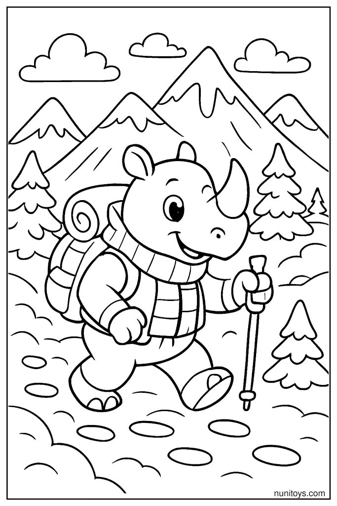 Rhino Trekking Through Snowy Mountains Coloring Page