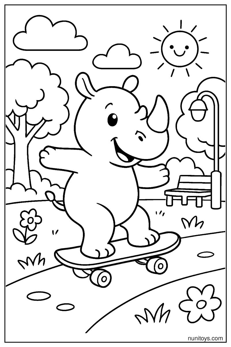 Rhino Balancing on a Skateboard in the Park Coloring Page