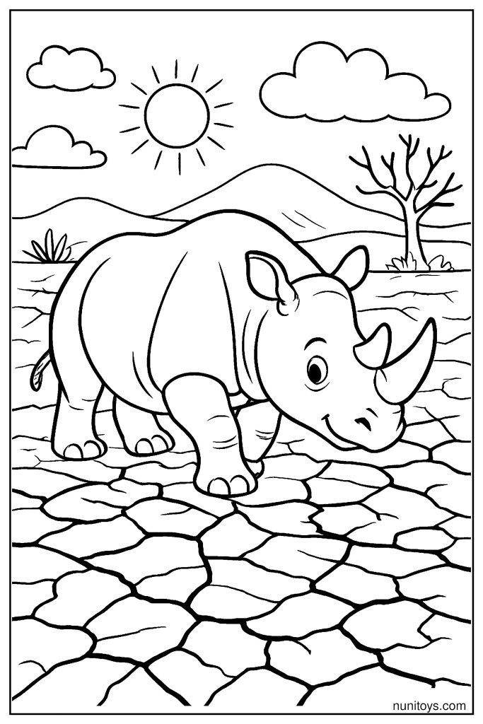 Rhino Trekking Across Cracked Earth Coloring Page