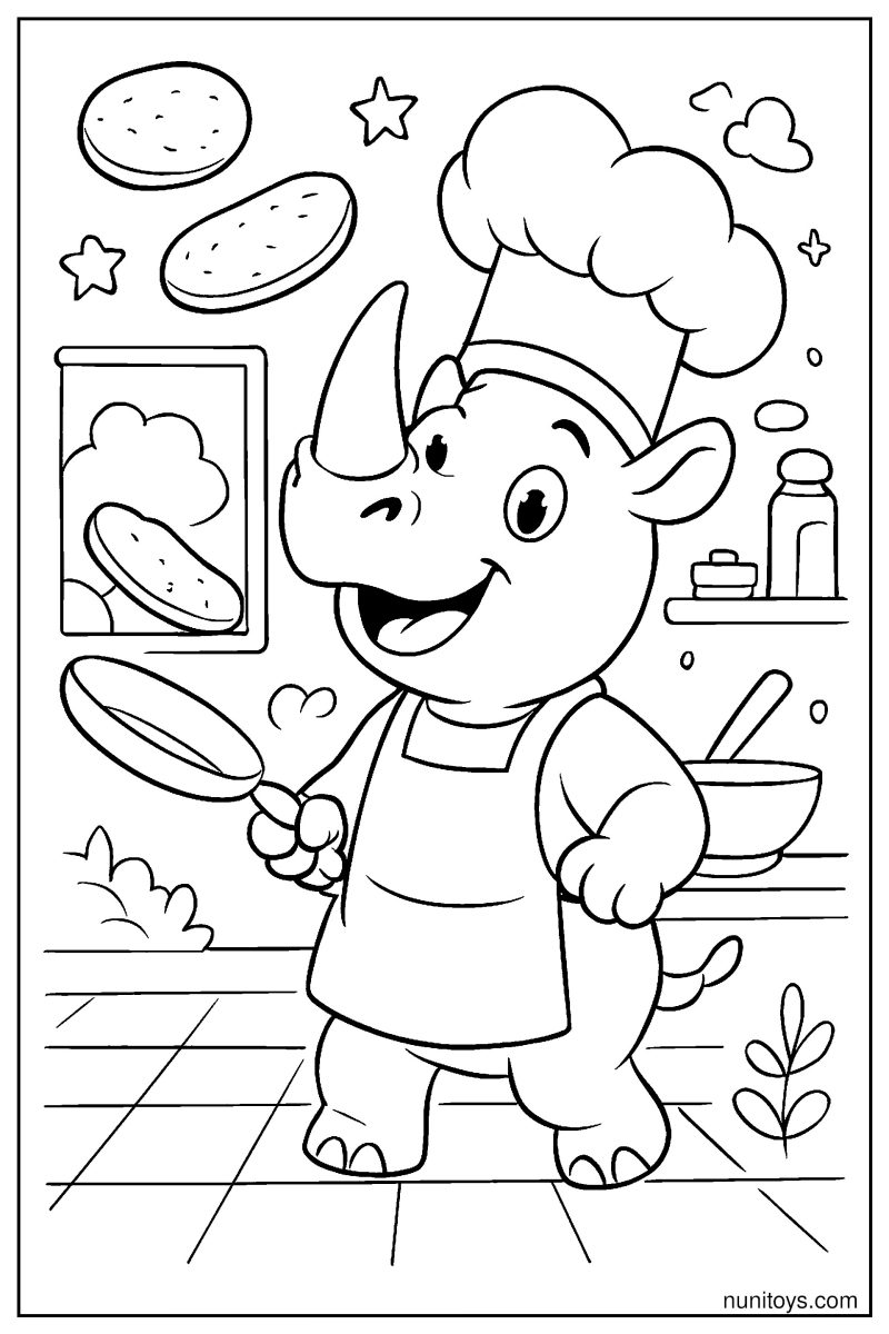 Rhino in a Chef Hat Flipping Pancakes Coloring Page