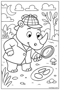 Rhino Detective with Magnifying Glass Coloring Page