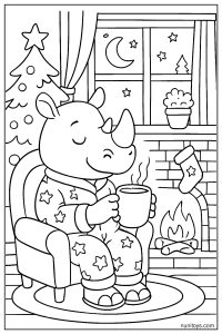 Rhino in Pajamas Sipping Cocoa by the Fireplace Coloring Page