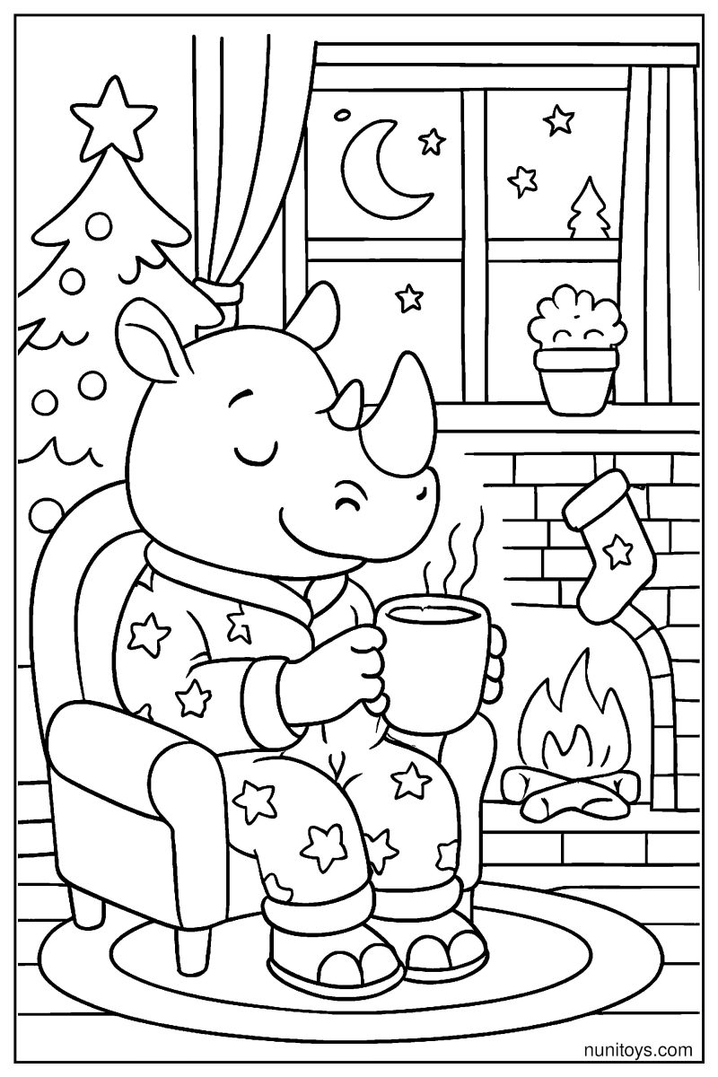 Rhino in Pajamas Sipping Cocoa by the Fireplace Coloring Page
