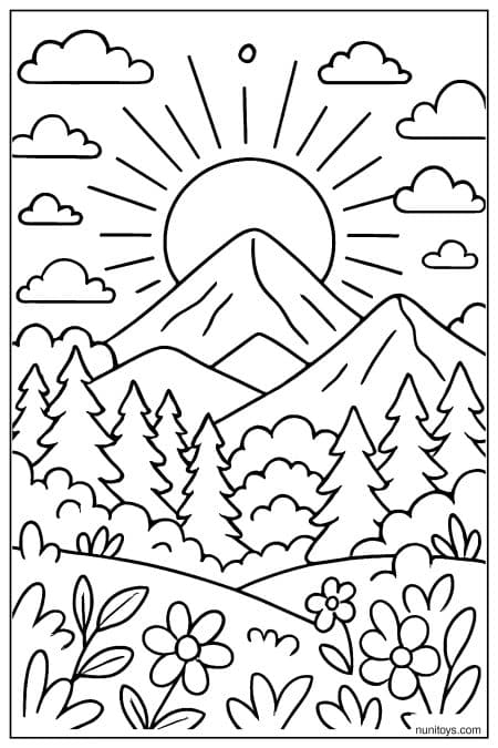 Sun Rising Behind Mountains and Pine Forest Coloring Page