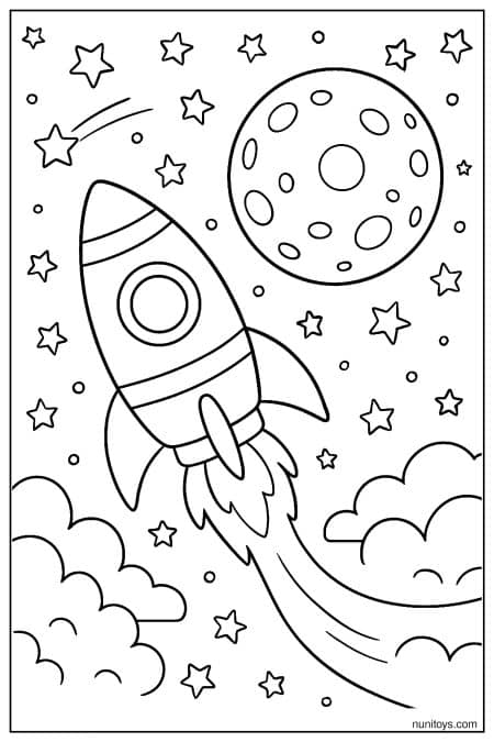 Rocket Launching Toward Moon in Starry Sky Coloring Page