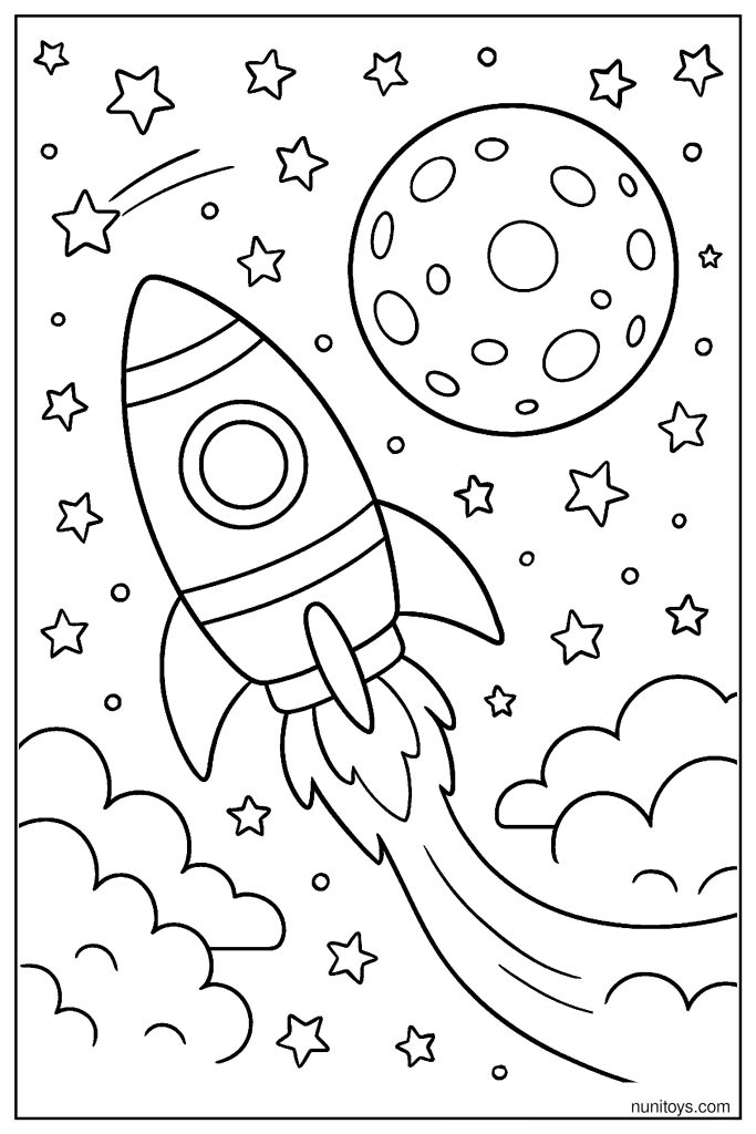 Rocket Flying Past the Moon: Night Sky Coloring Page