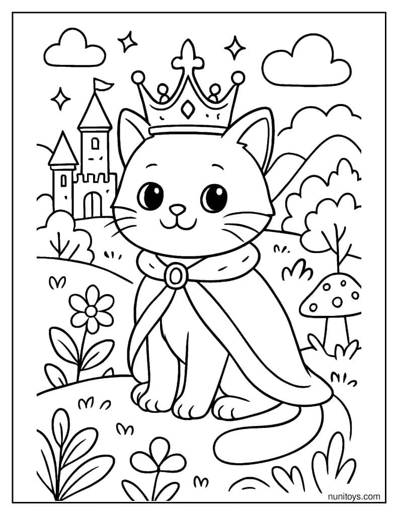 דף צביעה של חתול מלכותי עם כתר בממלכה קסומה