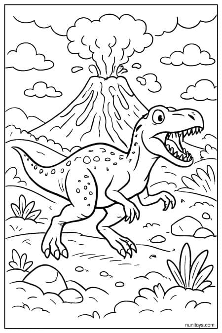 Allosaurus walks near erupting volcano in prehistoric landscape Coloring Page