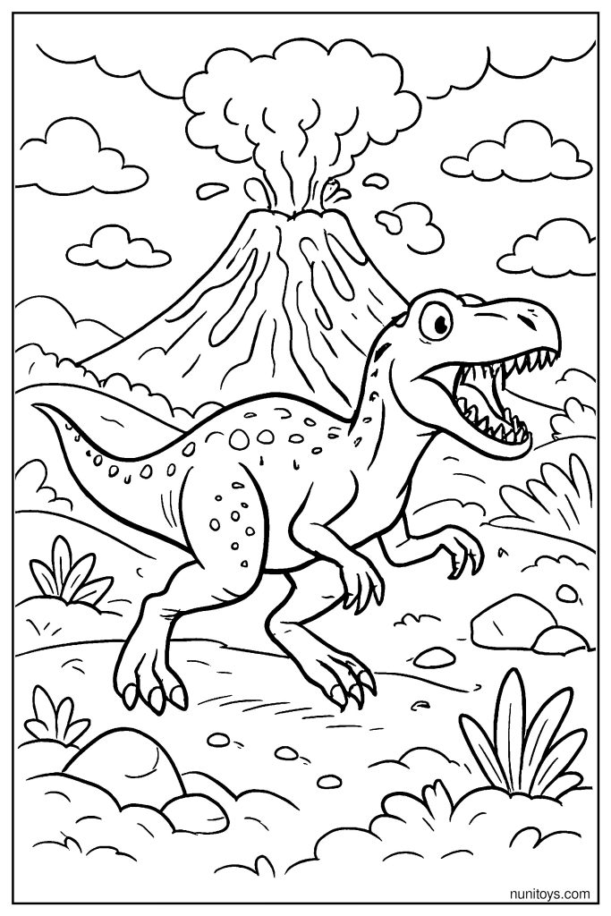 Running Allosaurus Escaping a Volcano Coloring Page