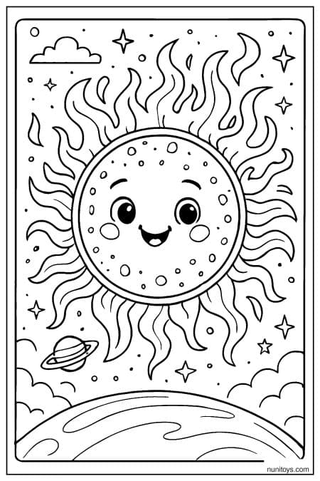 Scientific Sun Illustration with Corona and Plasma Effects Coloring Page