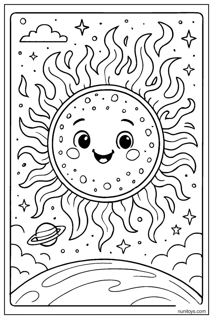 Scientific Sun Illustration with Corona and Plasma Effects Coloring Page