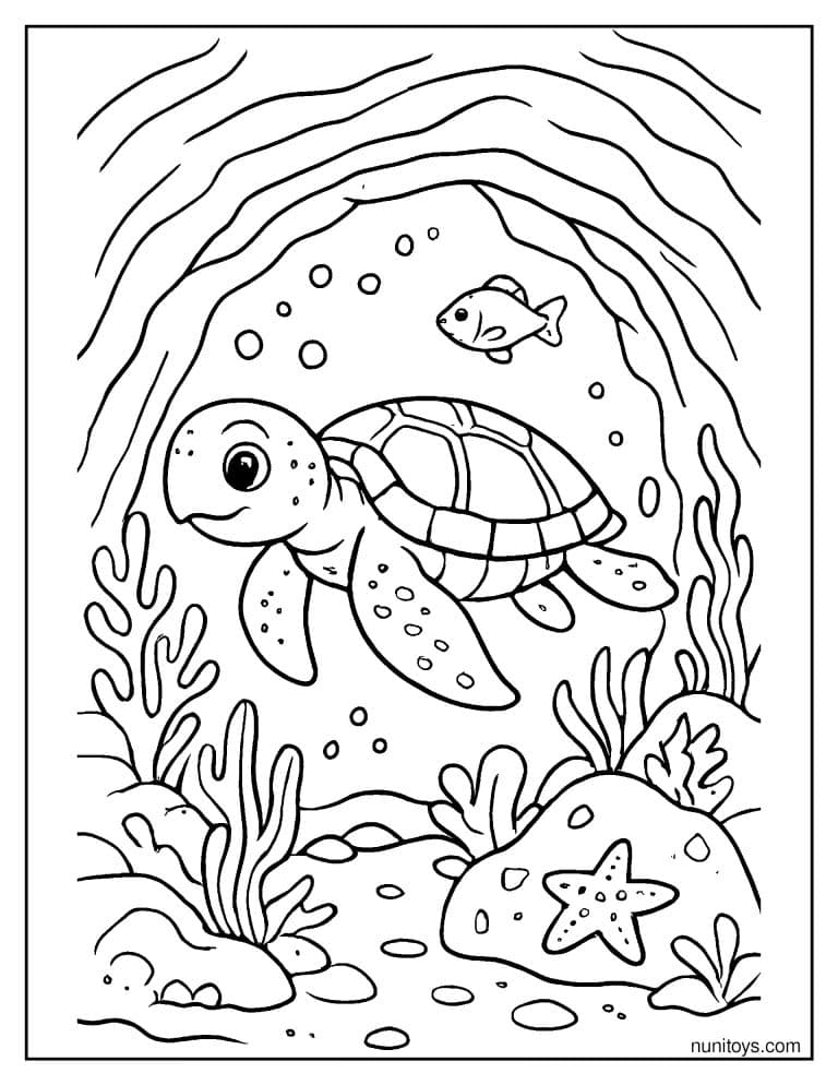 Coloriage d’une tortue marine explorant une grotte sous-marine