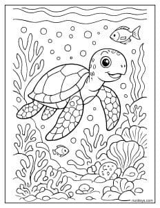 דף צביעה של צב ים ליד שונית אלמוגים מפורטת