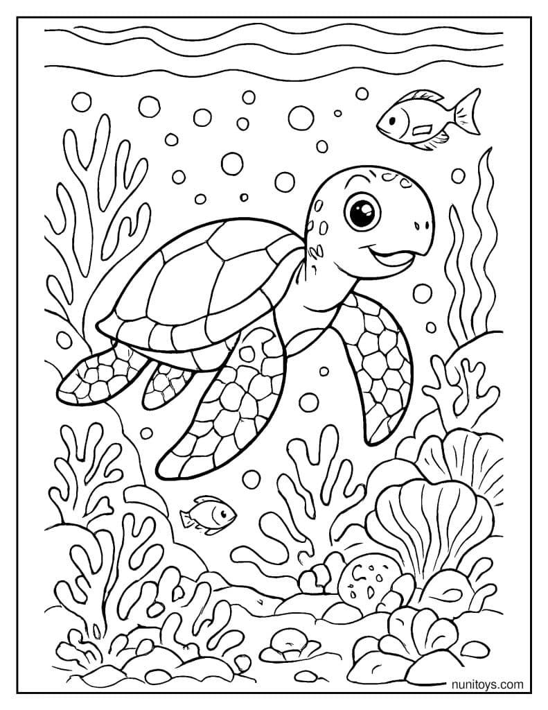 דף צביעה של צב ים ליד שונית אלמוגים מפורטת