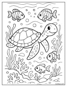 דף צביעה של צב ים שוחה עם דגים טרופיים