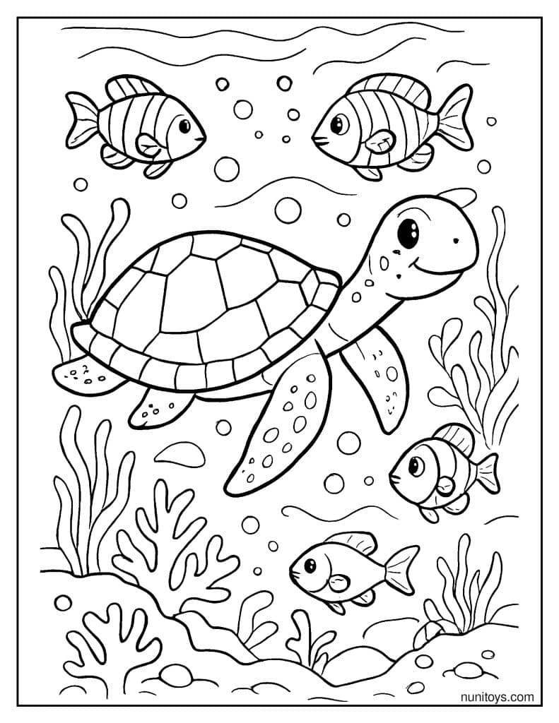 דף צביעה של צב ים שוחה עם דגים טרופיים