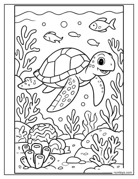 דף צביעה של צב ים שוחה בין אלמוגים ודגים