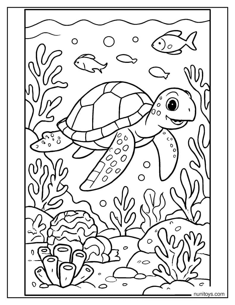 דף צביעה של צב ים שוחה בין אלמוגים ודגים