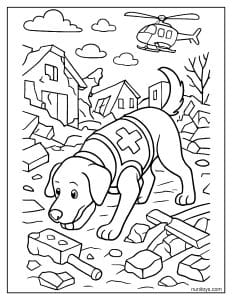 דף צביעה של כלב חילוץ מחפש ניצולים בין הריסות