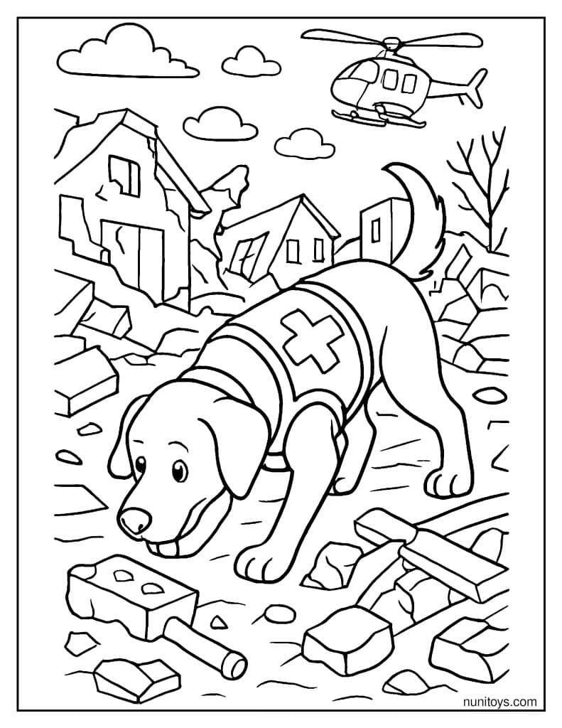 דף צביעה של כלב חילוץ מחפש ניצולים בין הריסות