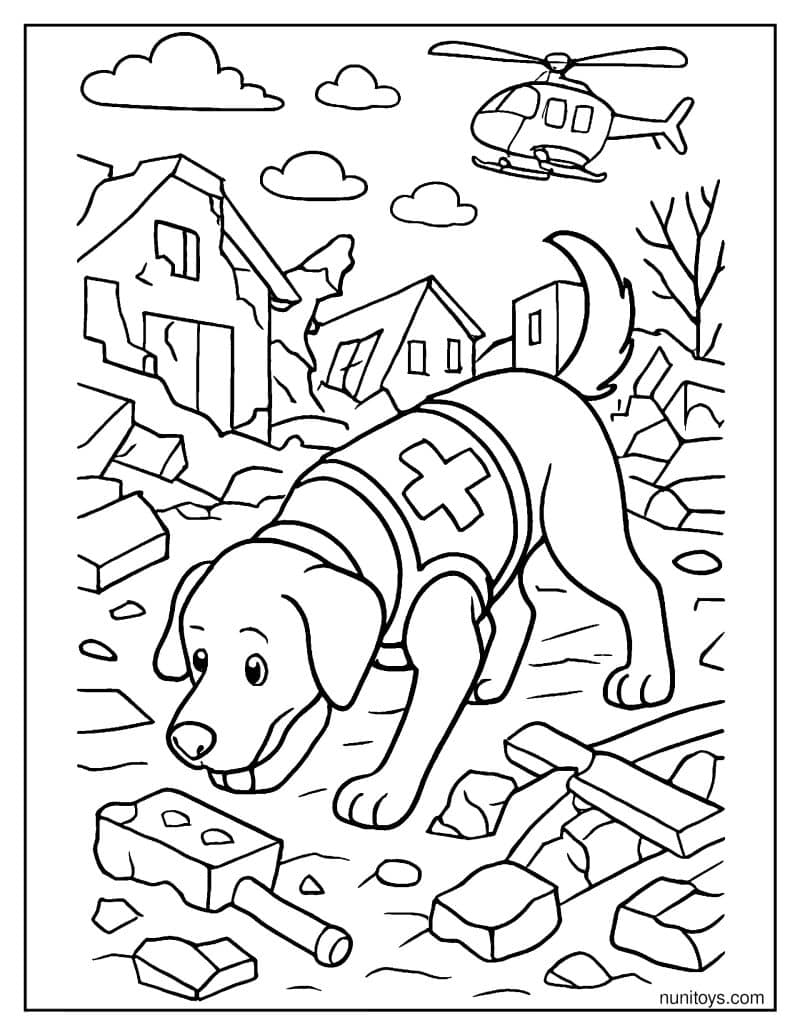 דף צביעה של כלב חילוץ מחפש ניצולים בין הריסות