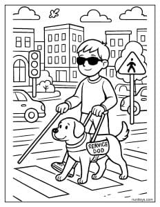 דף צביעה של כלב נחייה מוביל ילד חוצה כביש