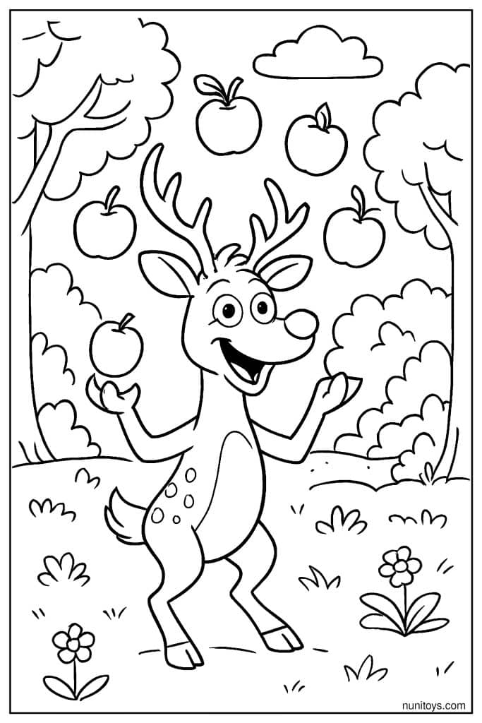 Deer Juggling Apples in Orchard Scene Coloring Sheet