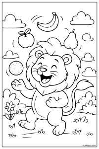 Silly Lion Juggling Fruits Coloring Page