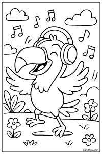 Silly Toucan Dancing with Headphones Coloring Page