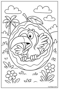Silly Toucan Stuck Inside a Giant Fruit Coloring Page