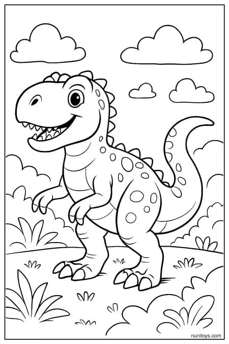 Allosaurus stands on ground with simple sky and clouds Coloring Page