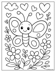 דף צביעה של פרפר מוקף לבבות ופרחים