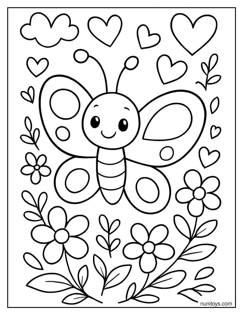 דף צביעה של פרפר מוקף לבבות ופרחים