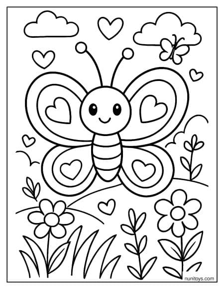 דף צביעה של פרפר חמוד עם כנפיים בצורת לבבות