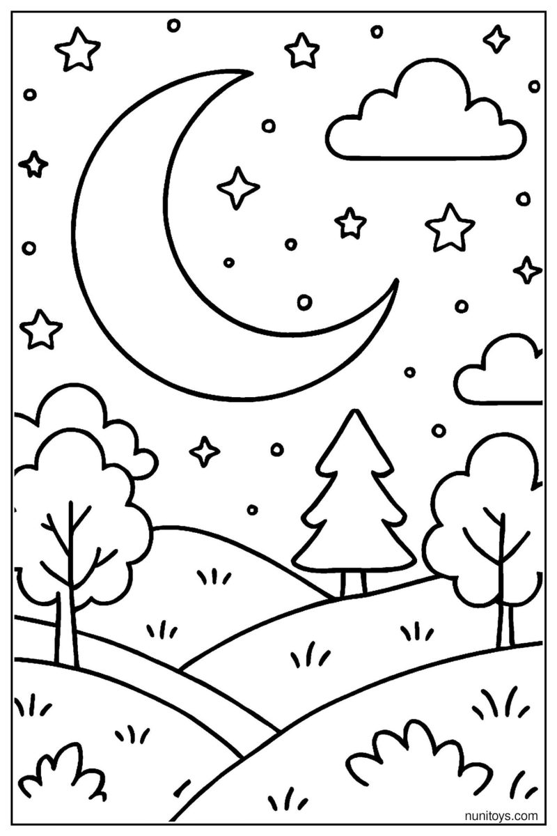 Simple Crescent Moon Over Rolling Hills and Trees Coloring Page