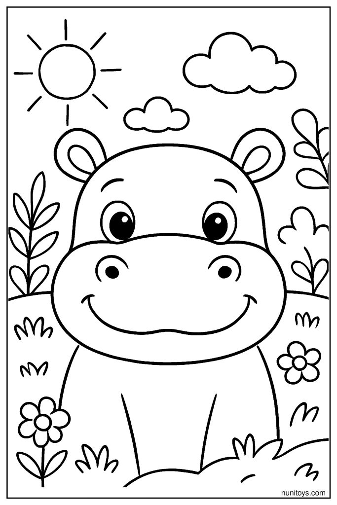 Simple Hippo Face with Round Shapes Coloring Page for Kids