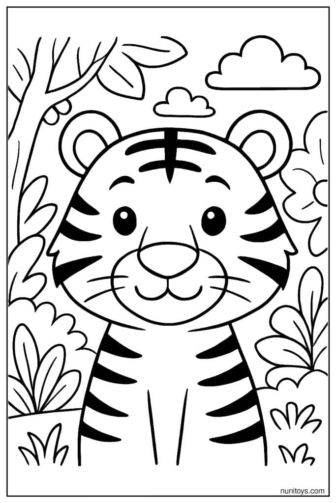 Cute Tiger Portrait Among Jungle Leaves Coloring Page