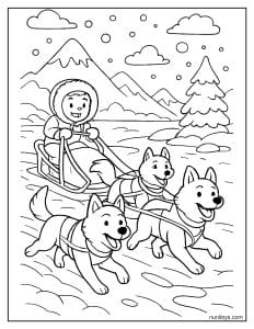 דף צביעה של צוות כלבי מזחלות דוהר על שלג