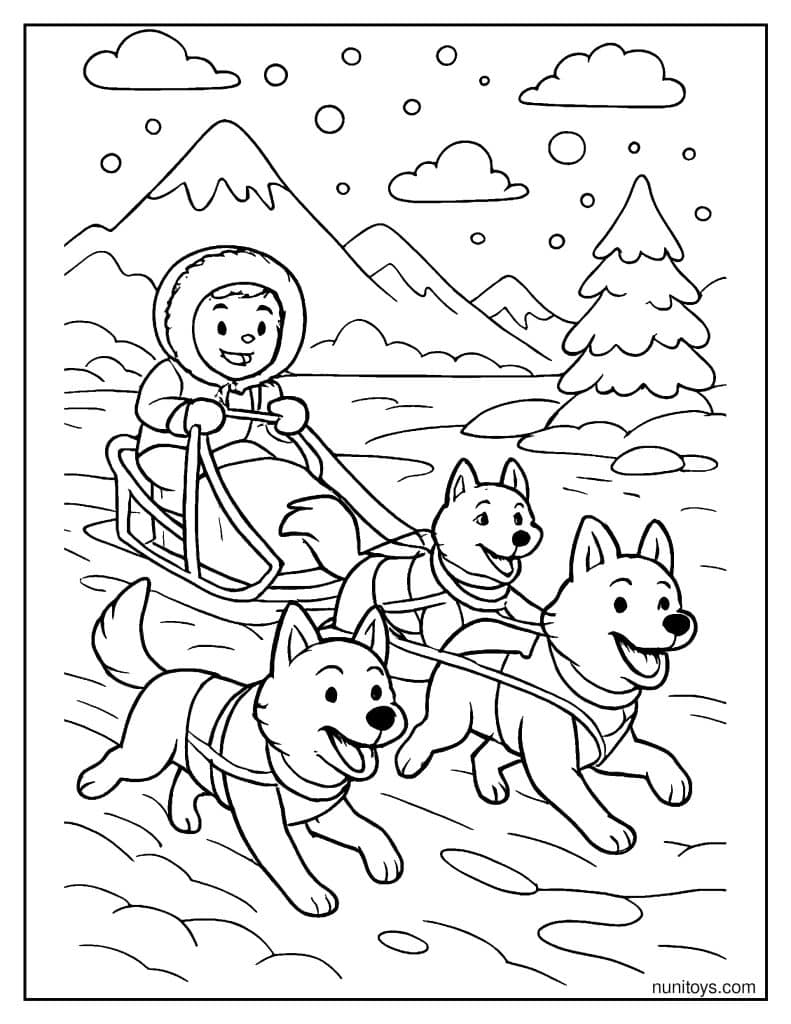 דף צביעה של צוות כלבי מזחלות דוהר על שלג