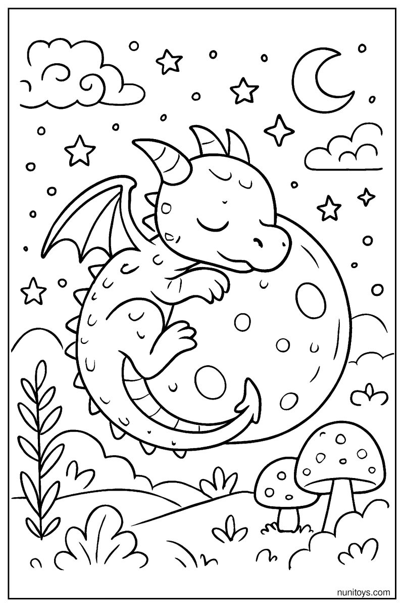 Sleeping Dragon Curled Around a Glowing Moon Fantasy Coloring Page