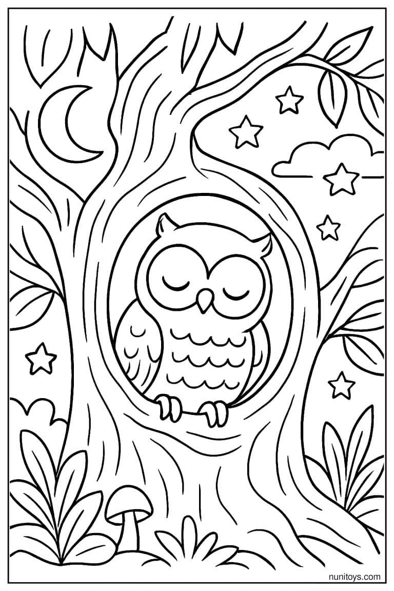 Coloriage d’un hibou endormi dans le creux d’un arbre