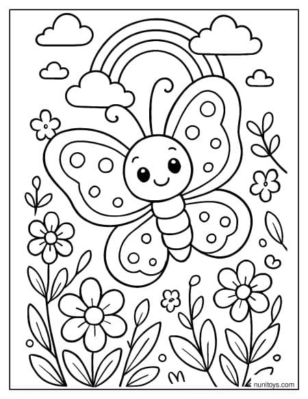 דף צביעה של פרפר קטן עם כנפיים מנוקדות בגינה